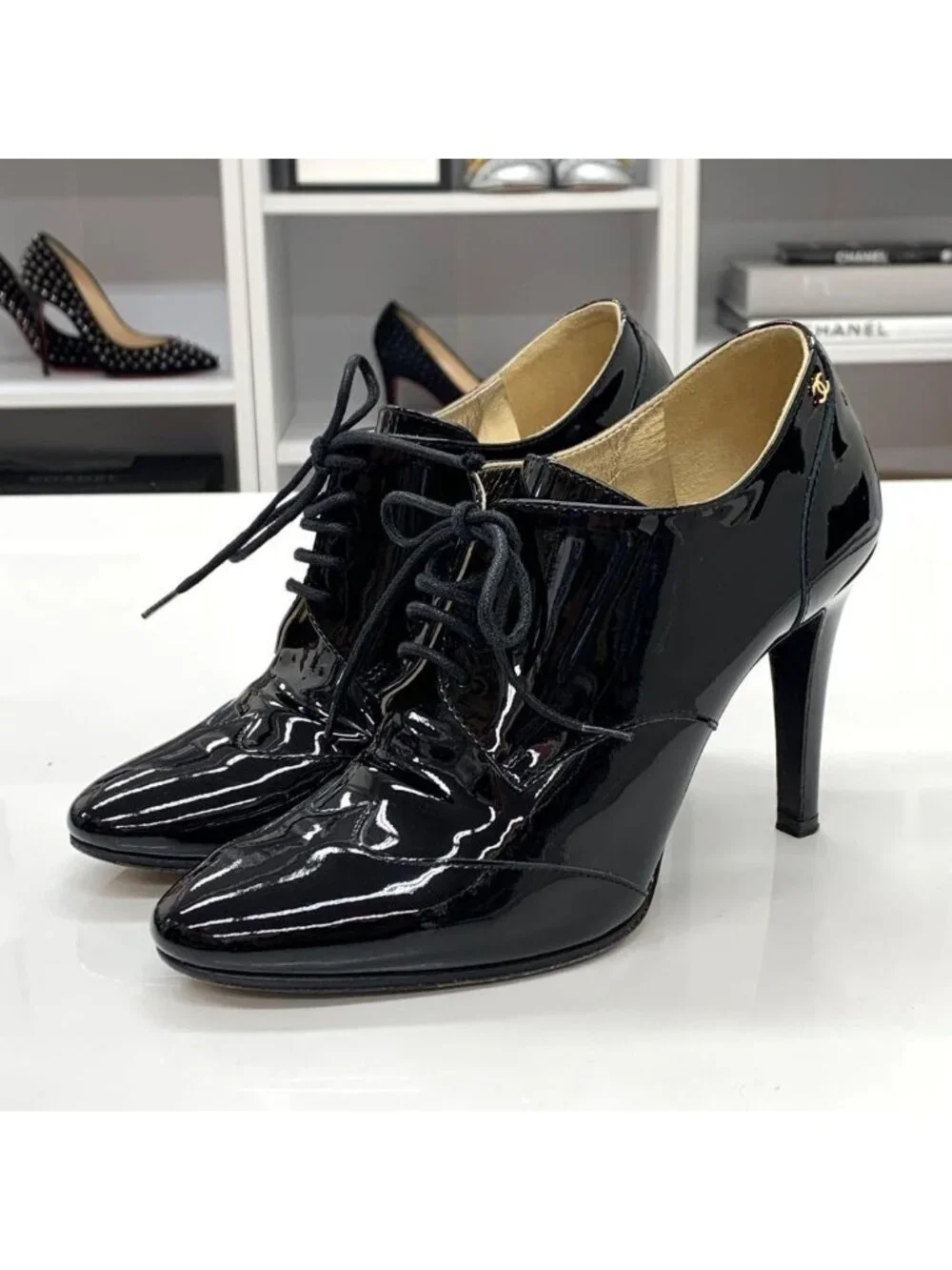 Chanel Patent CC Logo Lace-up Booties Black Boot